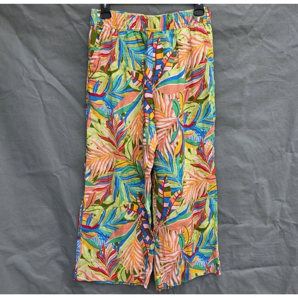 CC California Tropical Vibrant Cropped Pants L Linen Hawaiian Wide Leg Beach